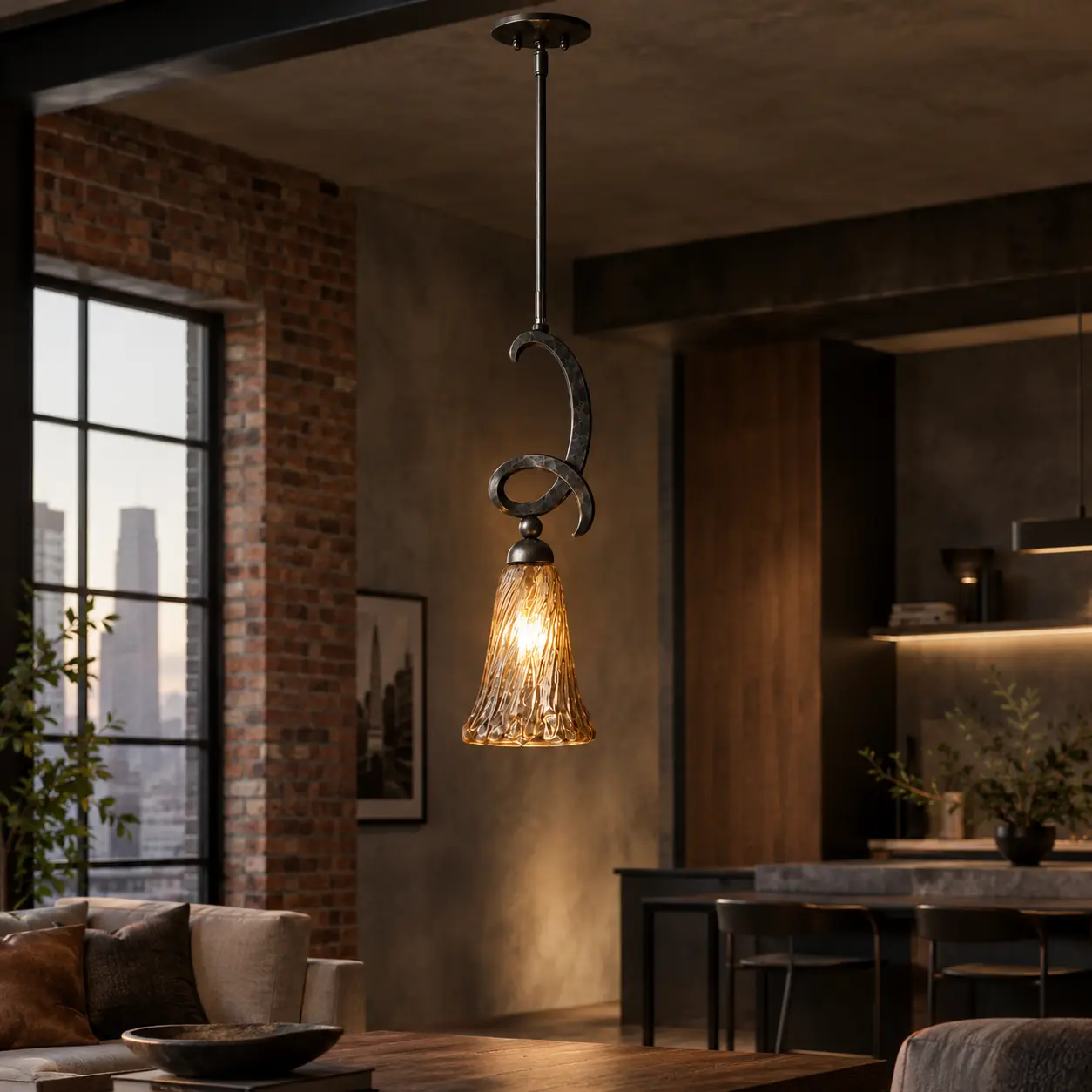 3D Rendering - Modern Industrial Loft with Curved Iron Pendant Light