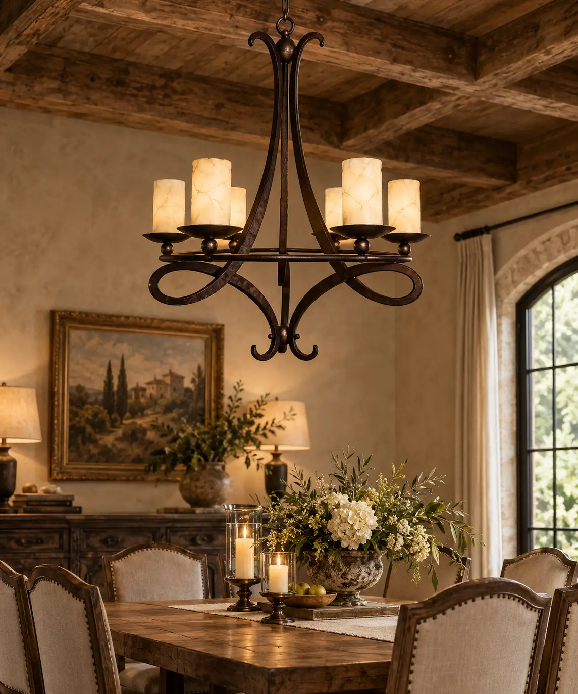 3D Rendering - French Country Dining Room with Forged Iron Candle Chandelier