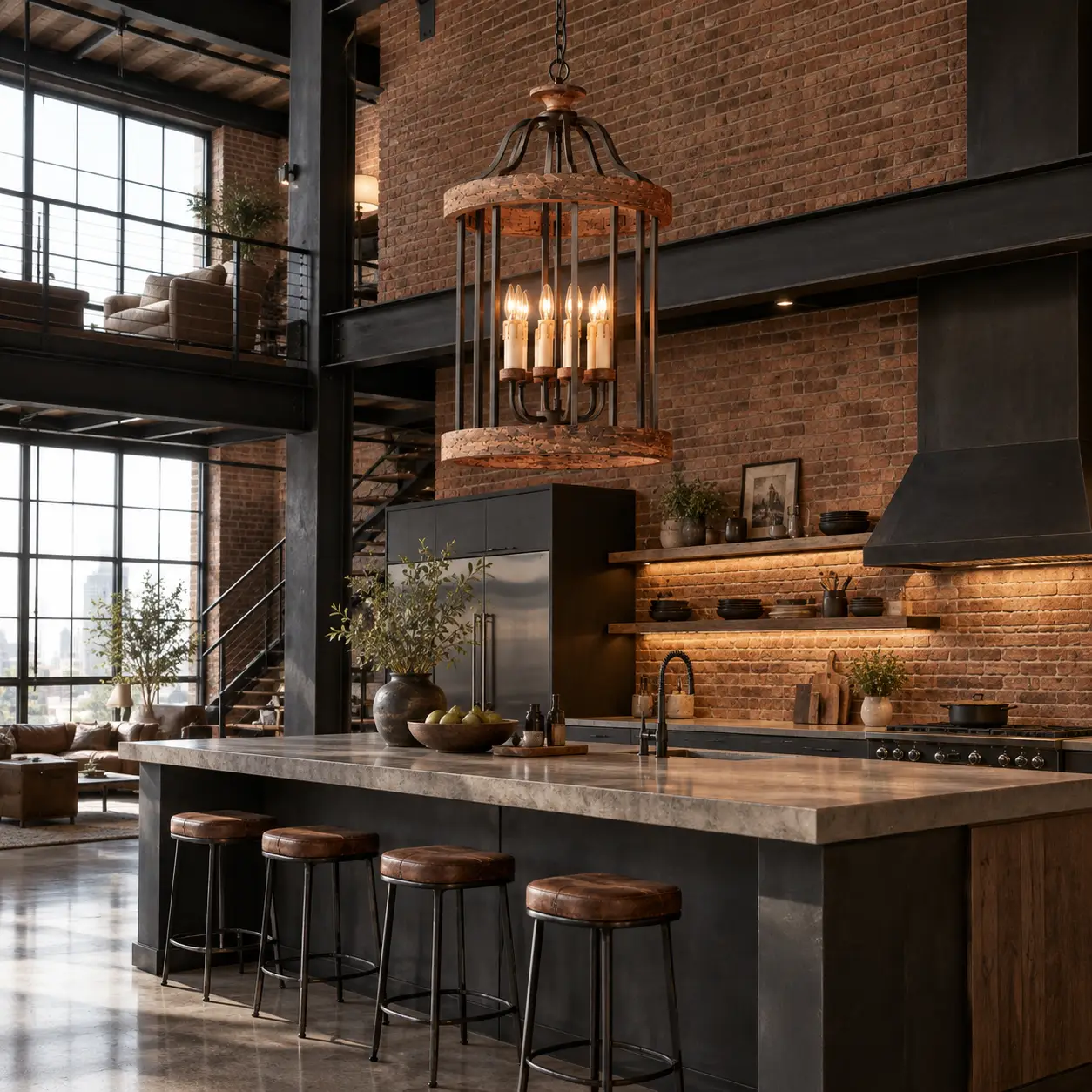 Artisan Loft 6-Light Chandelier Hanging in an Open Concept Industrial Loft Kitchen