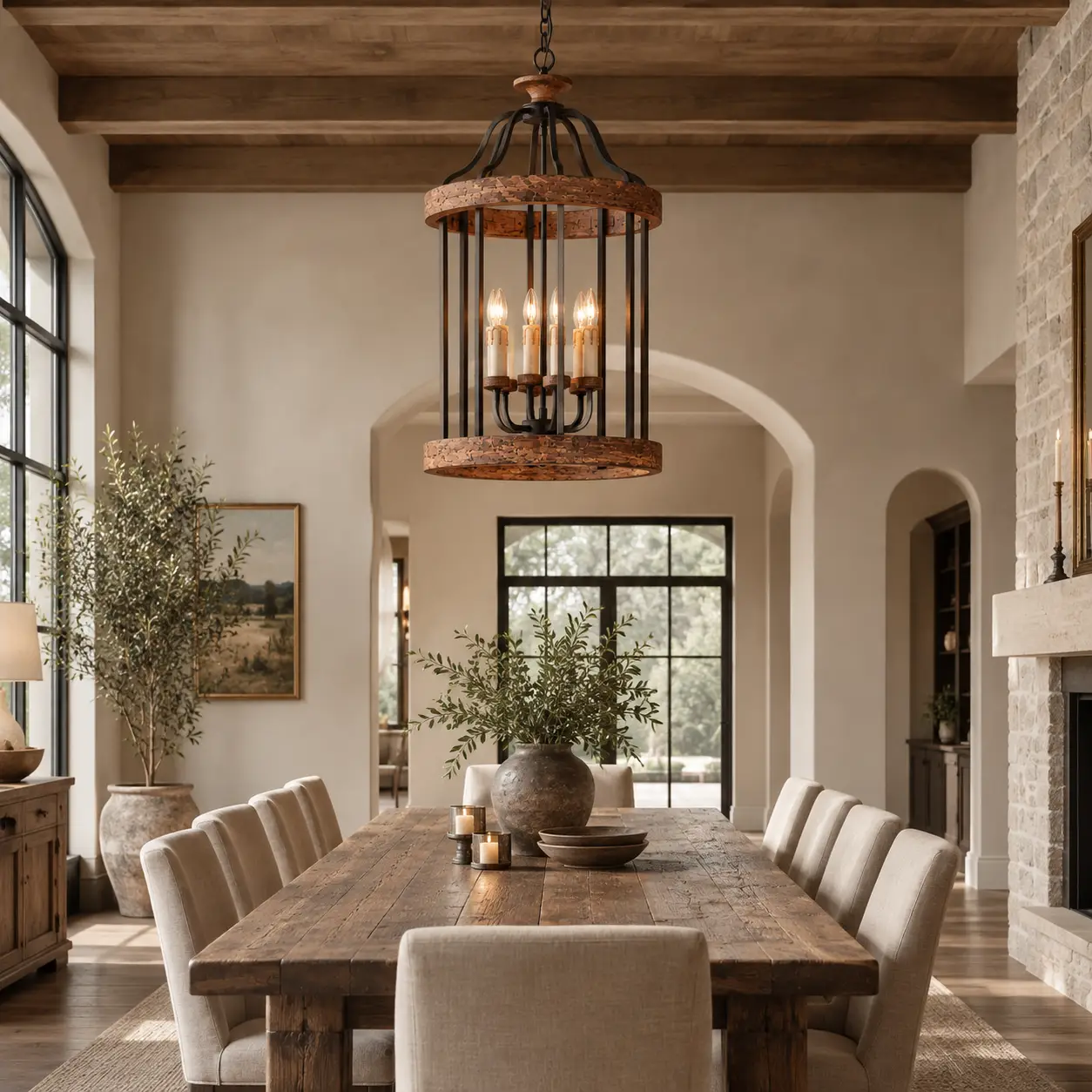 The Artisan Loft 6-Light Chandelier Suspended Above a Long Reclaimed Wood Dining Table