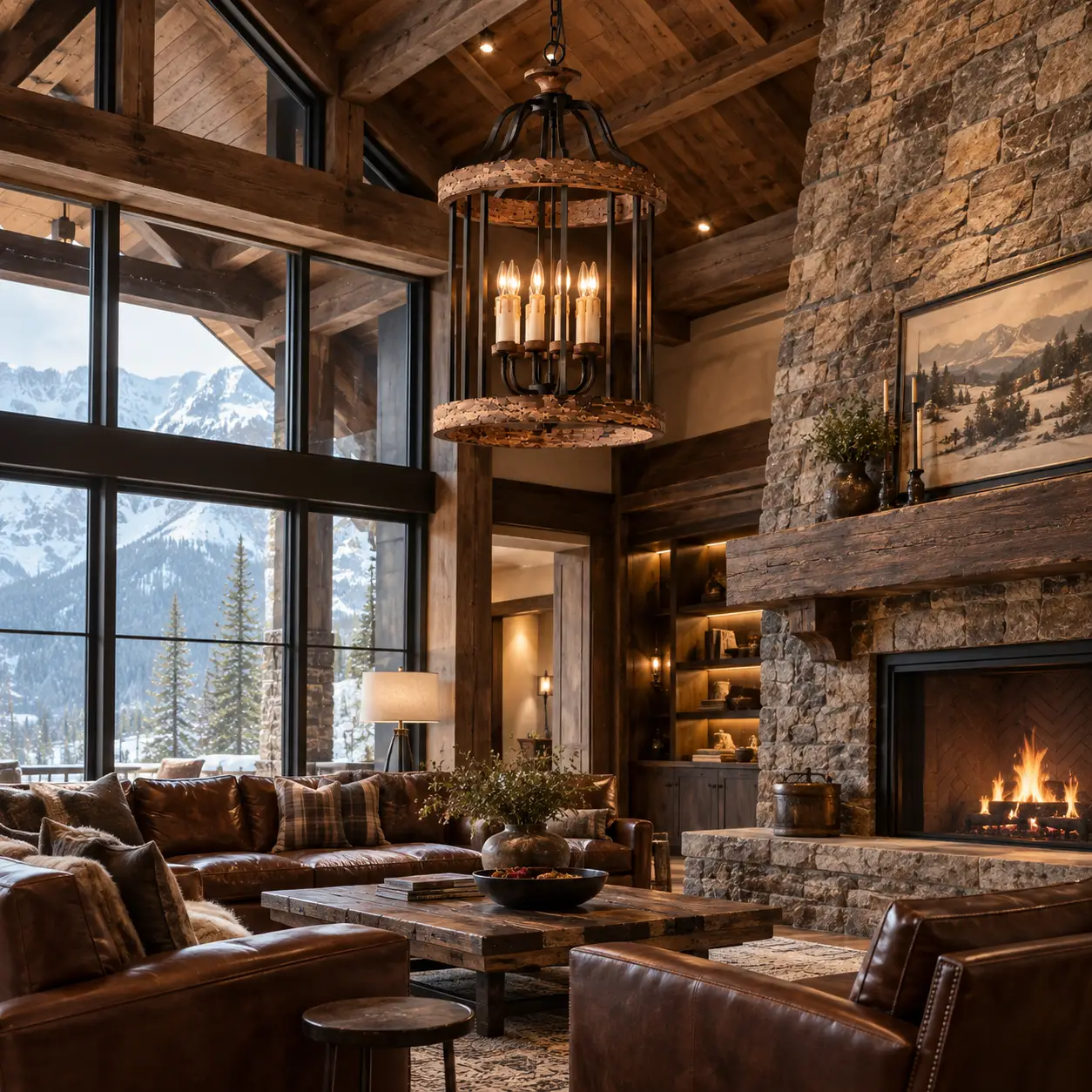 Artisan Loft Chandelier Featured in a Mountain Resort Lounge with Stone Fireplace
