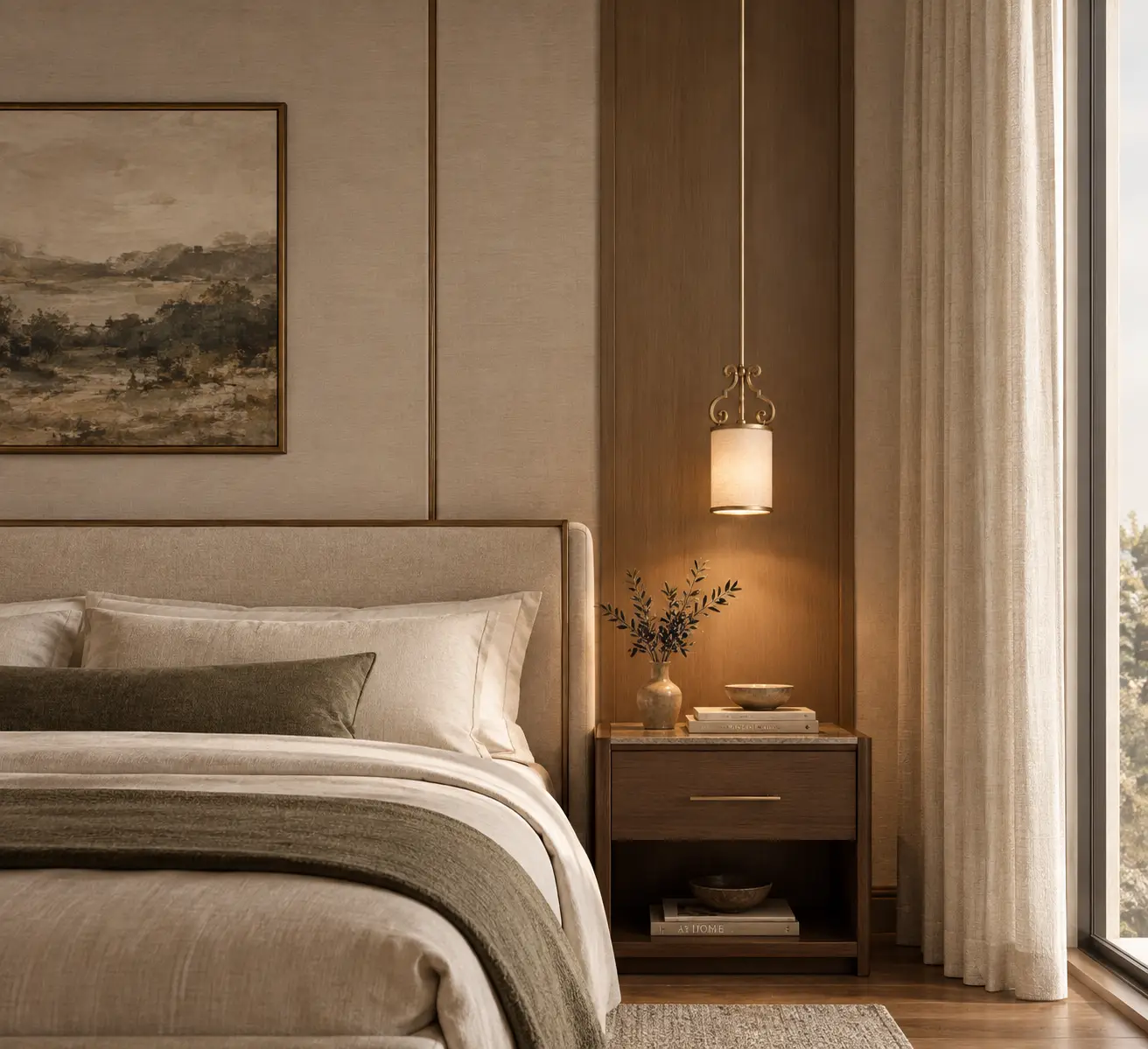 Artisan Scroll Pendant as Bedside Lighting Render