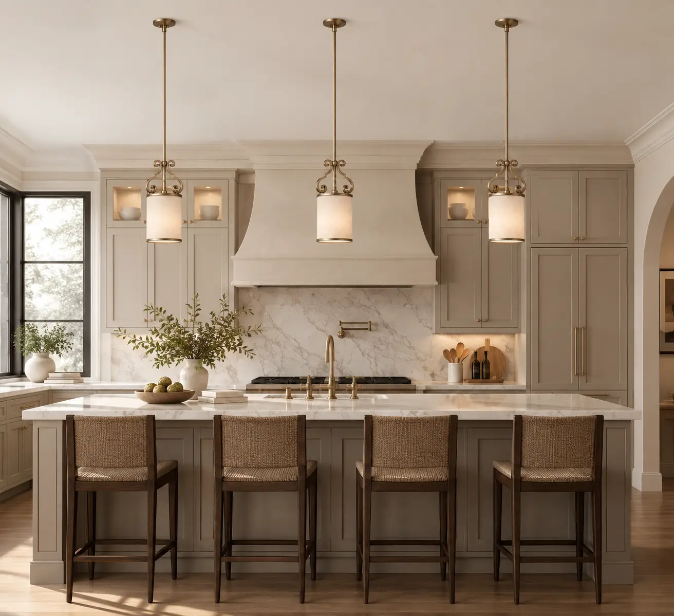 Artisan Scroll Mini Pendants in Kitchen Island Array Render