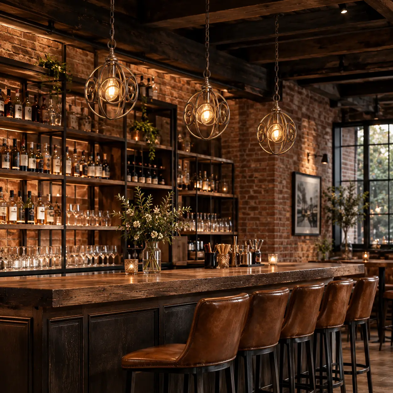 Cluster of Artisan Scroll Hand-Forged Pendants Hanging Above Brick and Timber Cocktail Bar
