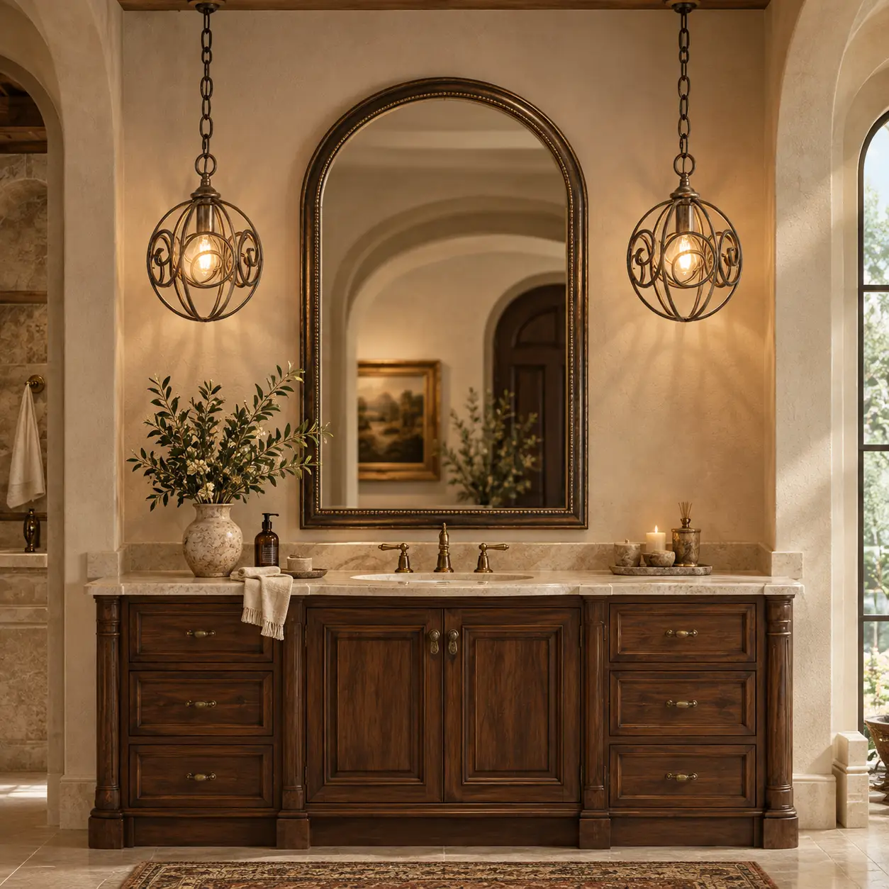 Artisan Scroll Mini Pendants Flanking Arched Mirror in Mediterranean Master Bath Vanity