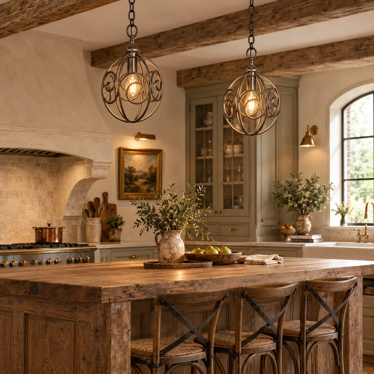 Pair of Artisan Scroll Hand-Forged Mini Pendants Suspended Above Reclaimed Wood Kitchen Island