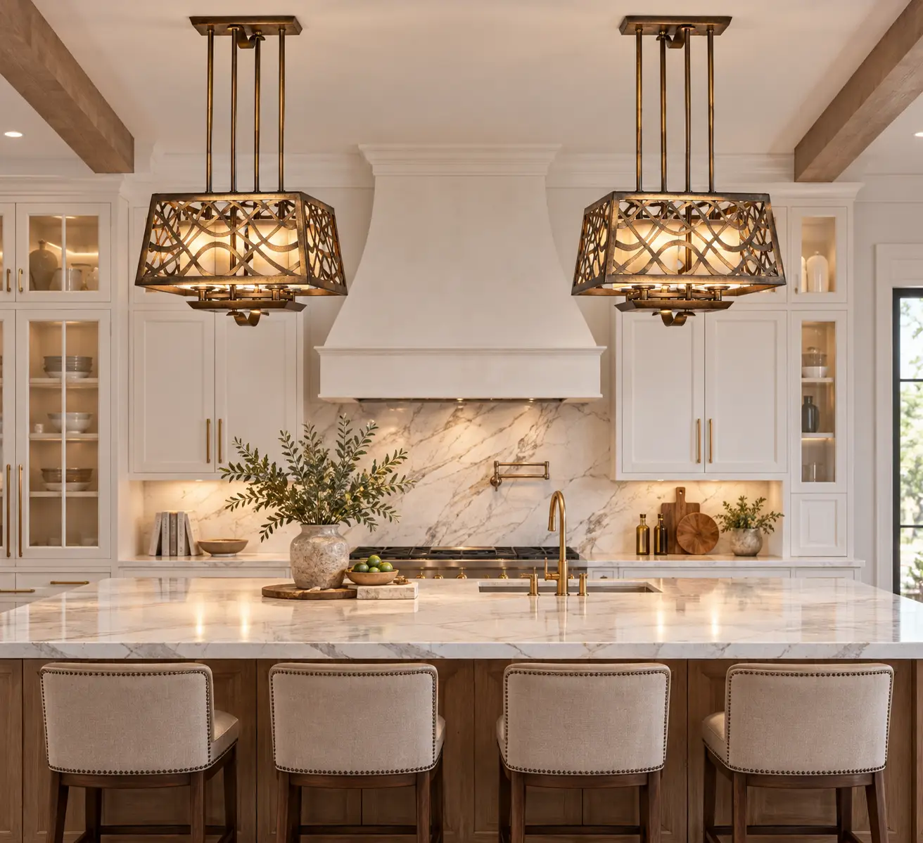 Artisan Weave Bronze Pendants Hung Above Luxury Kitchen Island