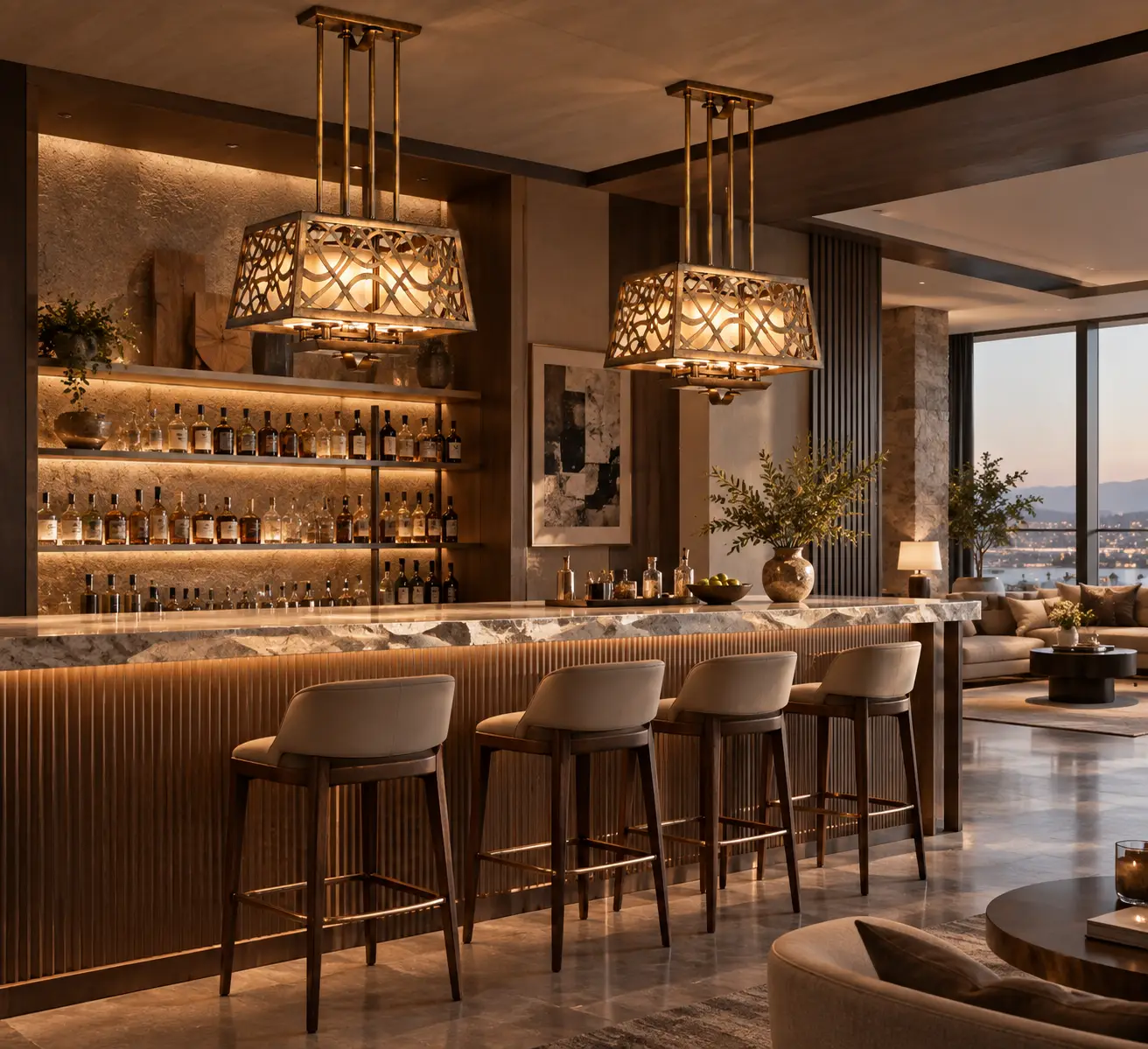 Artisan Weave Bronze Pendant in an Organic Modern Hospitality Lounge