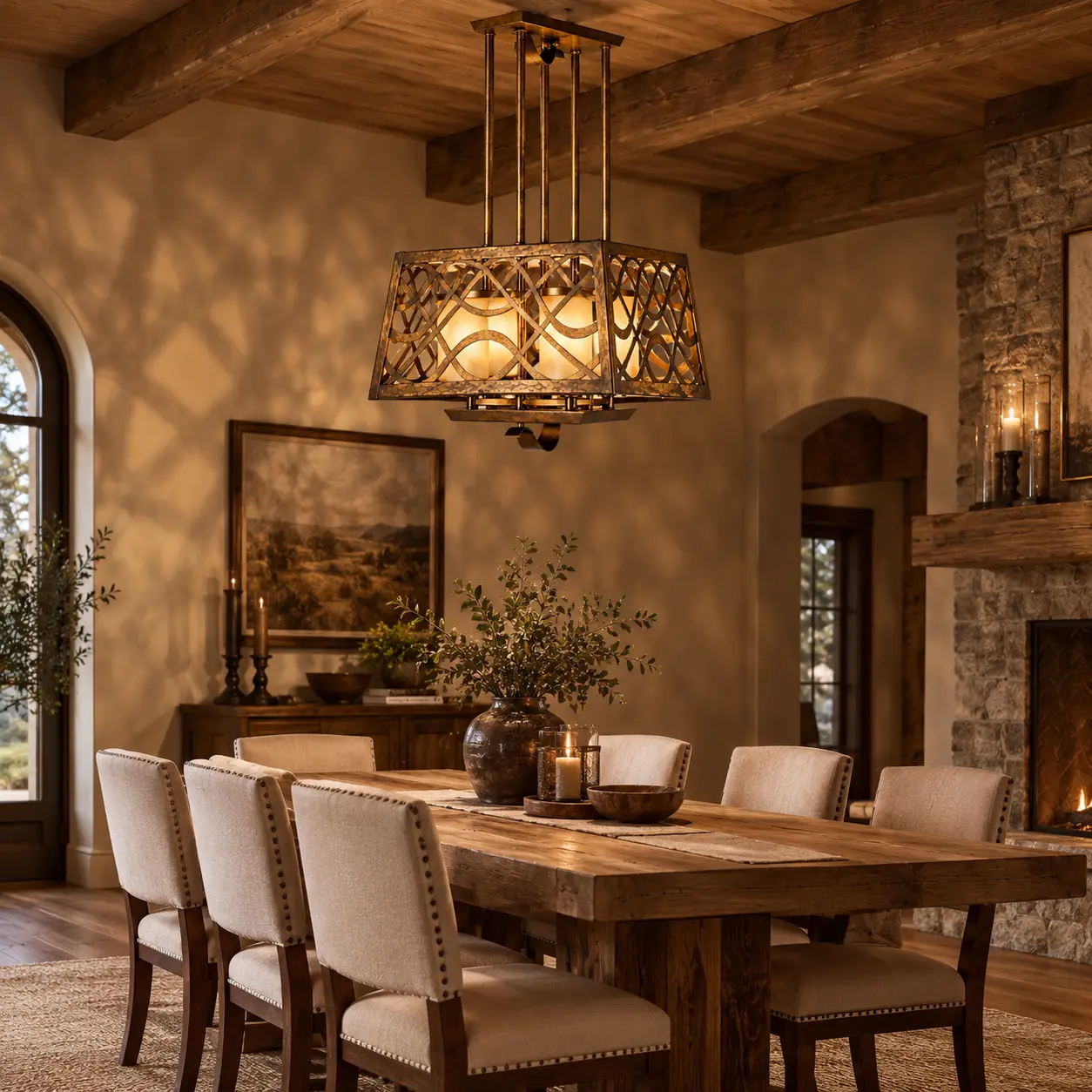 Artisan Weave Bronze 4-Light Pendant Hung Above a Wooden Dining Table