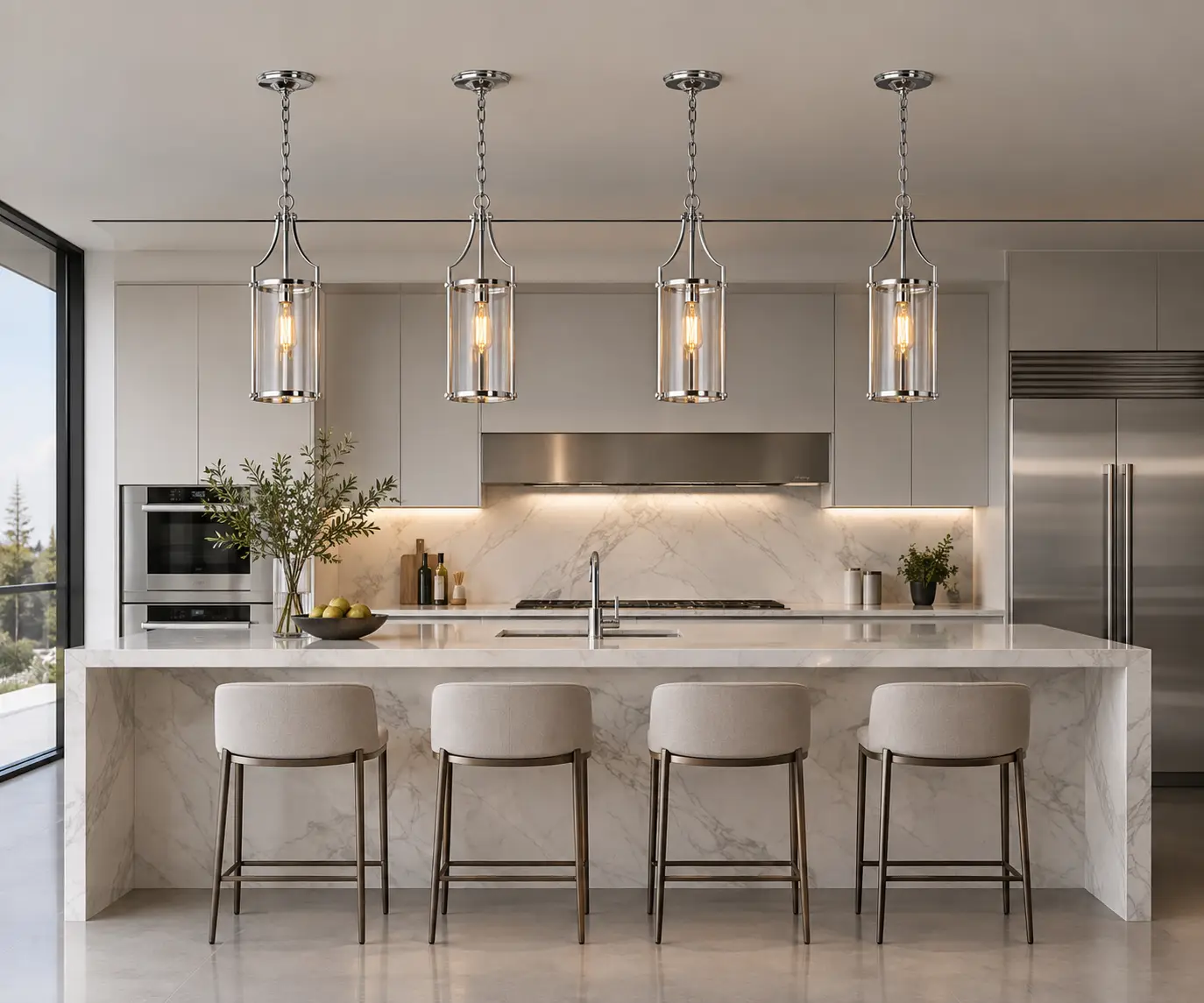 Aurion 1-Light Cylindrical Pendant in Modern Kitchen Island Render