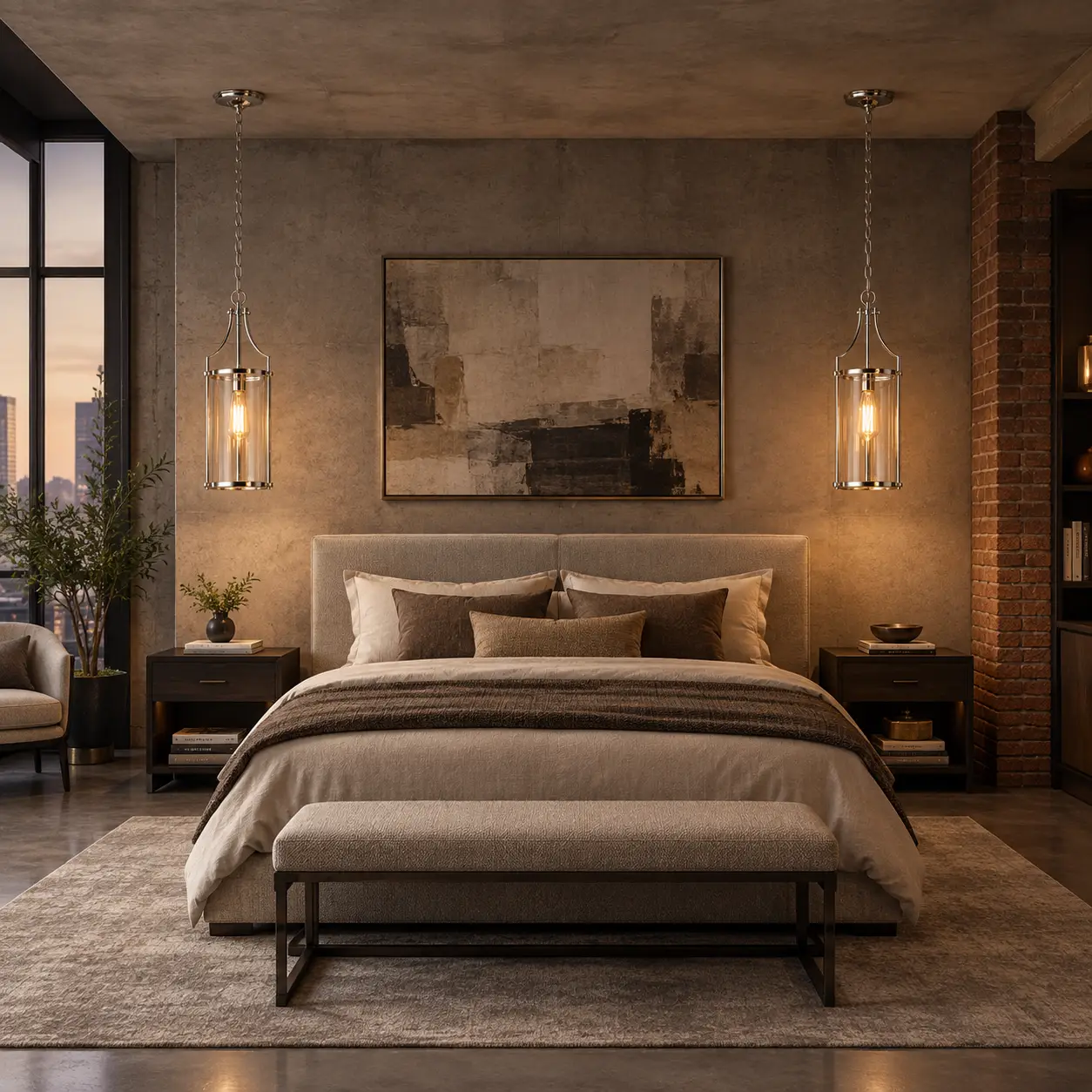 Aurion 1-Light Cylindrical Pendant in Urban Bedside Setting Render
