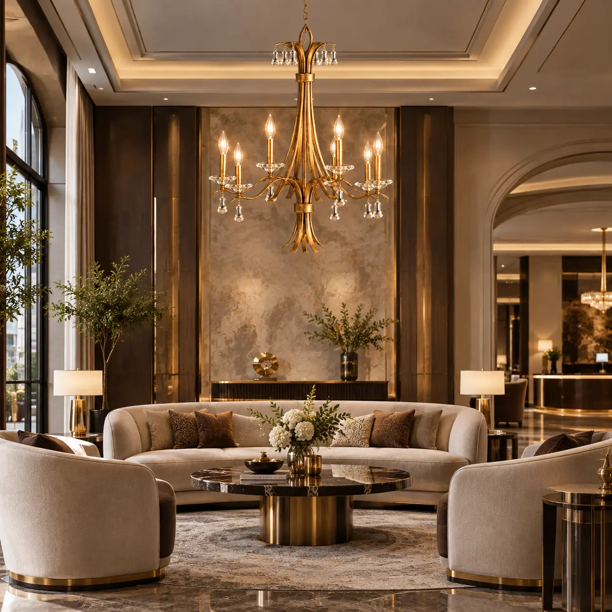 Boutique hotel luxury lounge with gold leaf chandelier