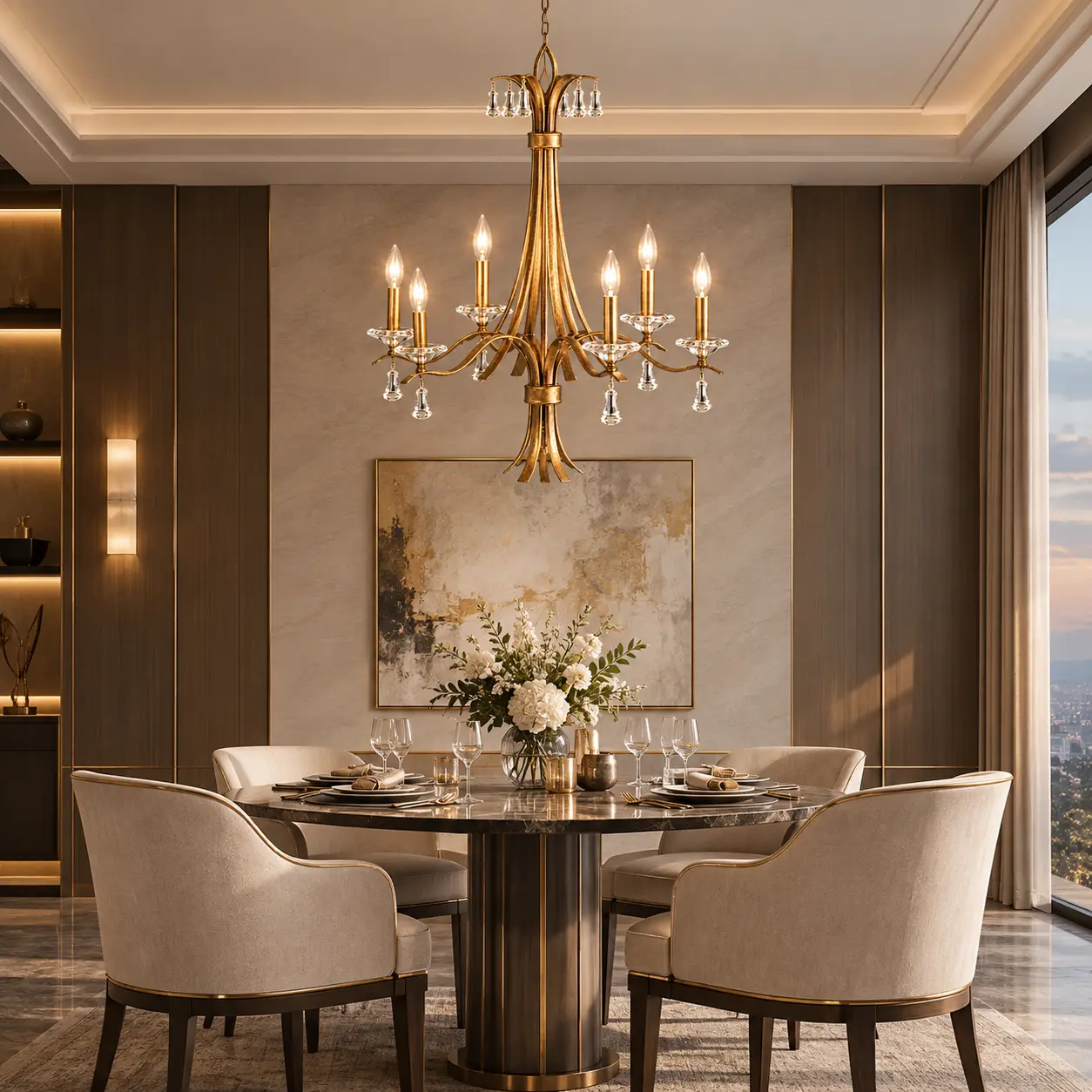 Modern luxury dining room with gold leaf chandelier