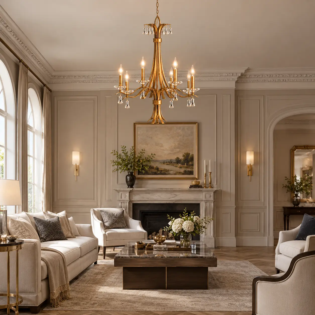 Neoclassical living space with elegant gold chandelier