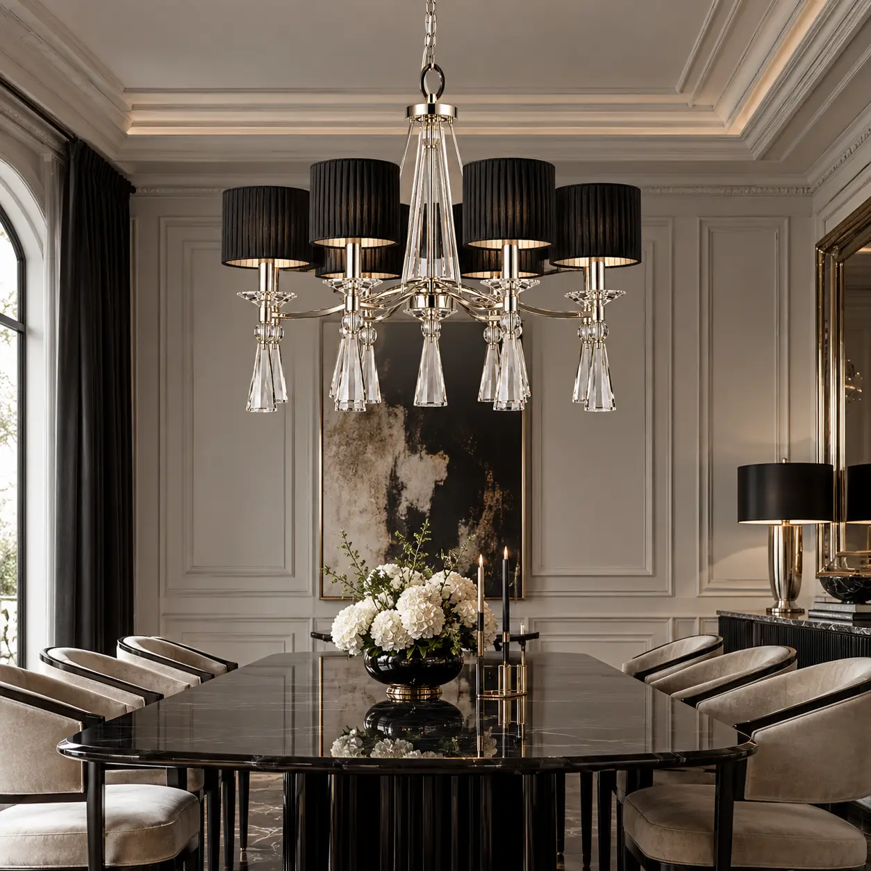 Aurora 8-Light Polished Nickel Chandelier in Neoclassical Dining Room