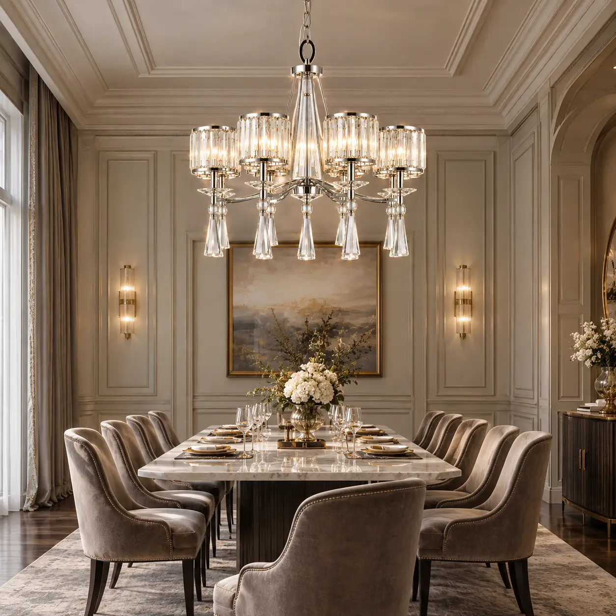Aurora Crystal Prism Chandelier over Dining Table Render