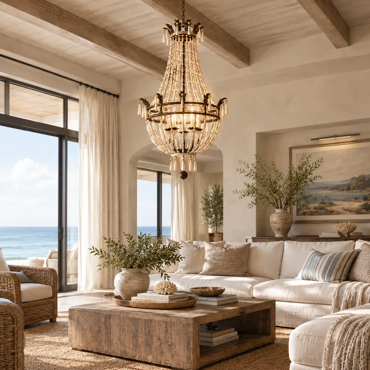 The Belle Époque Driftwood Chandelier in Coastal Luxury Bedroom Render