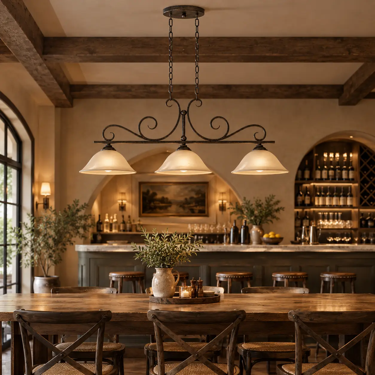 Bistro Scroll 3-Light Linear Island Pendant in Commercial Restaurant Bar