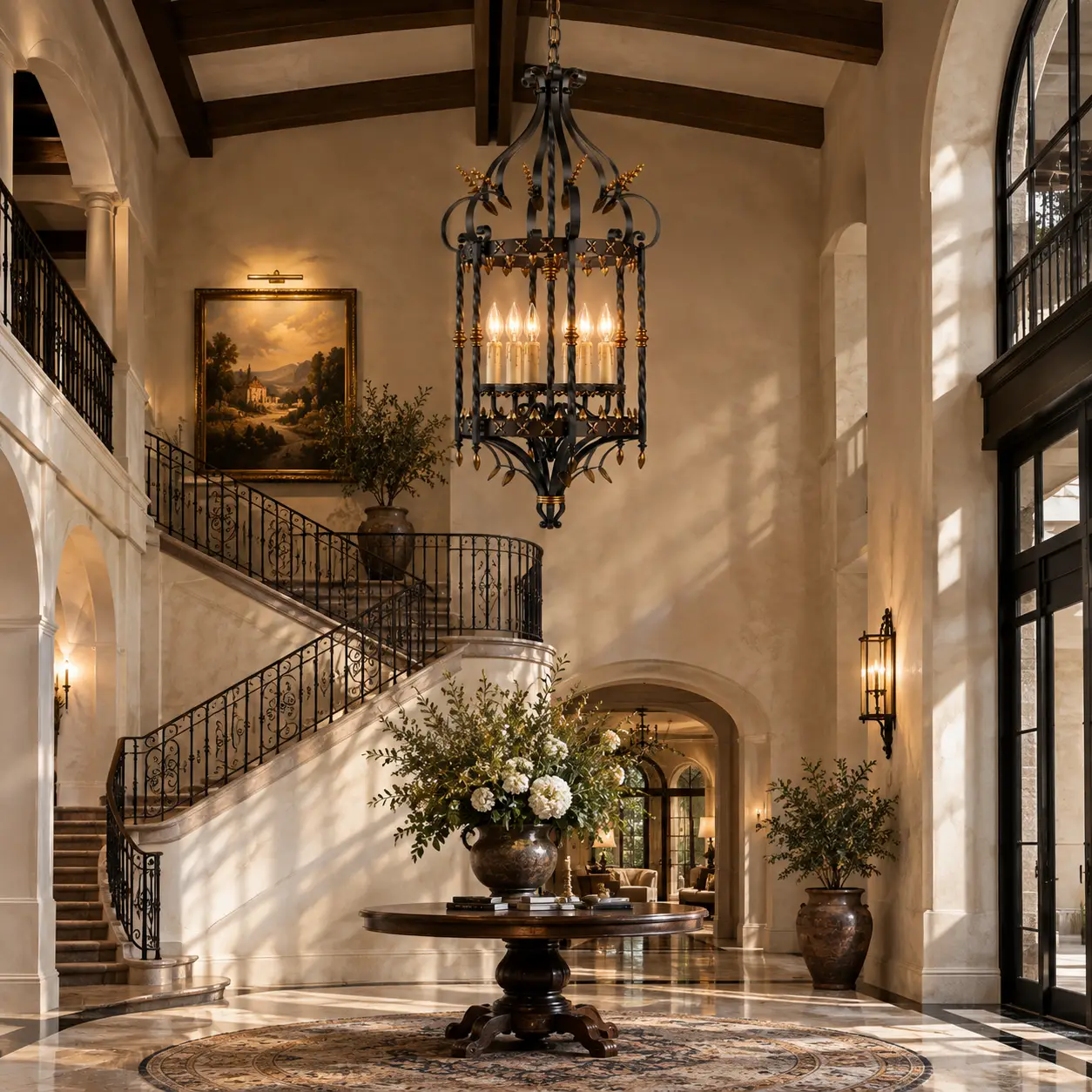 Castile 6-Light Hand-Forged Iron Chandelier in Grand Hotel Foyer
