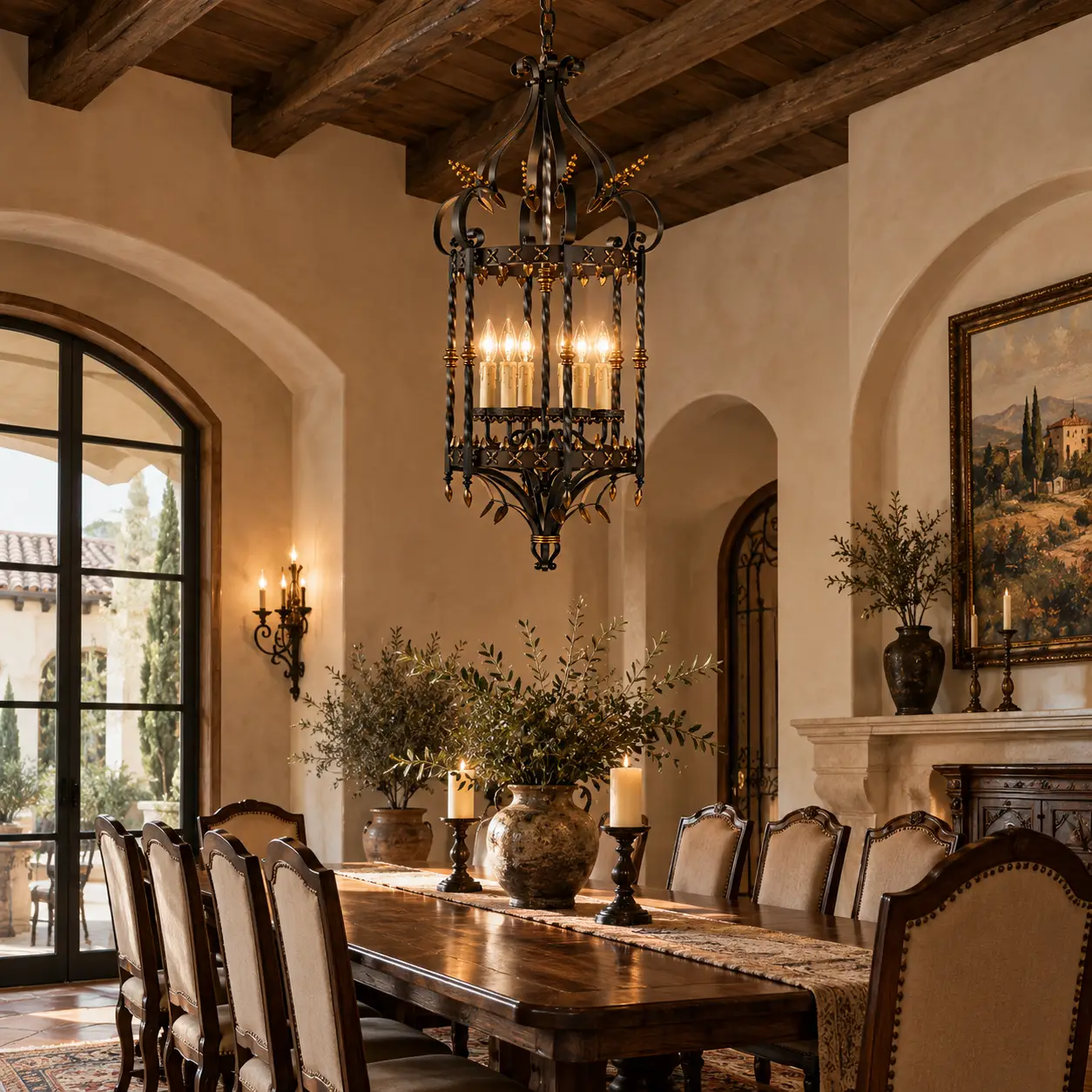 Castile 6-Light Hand-Forged Iron Chandelier in Spanish Revival Dining Room