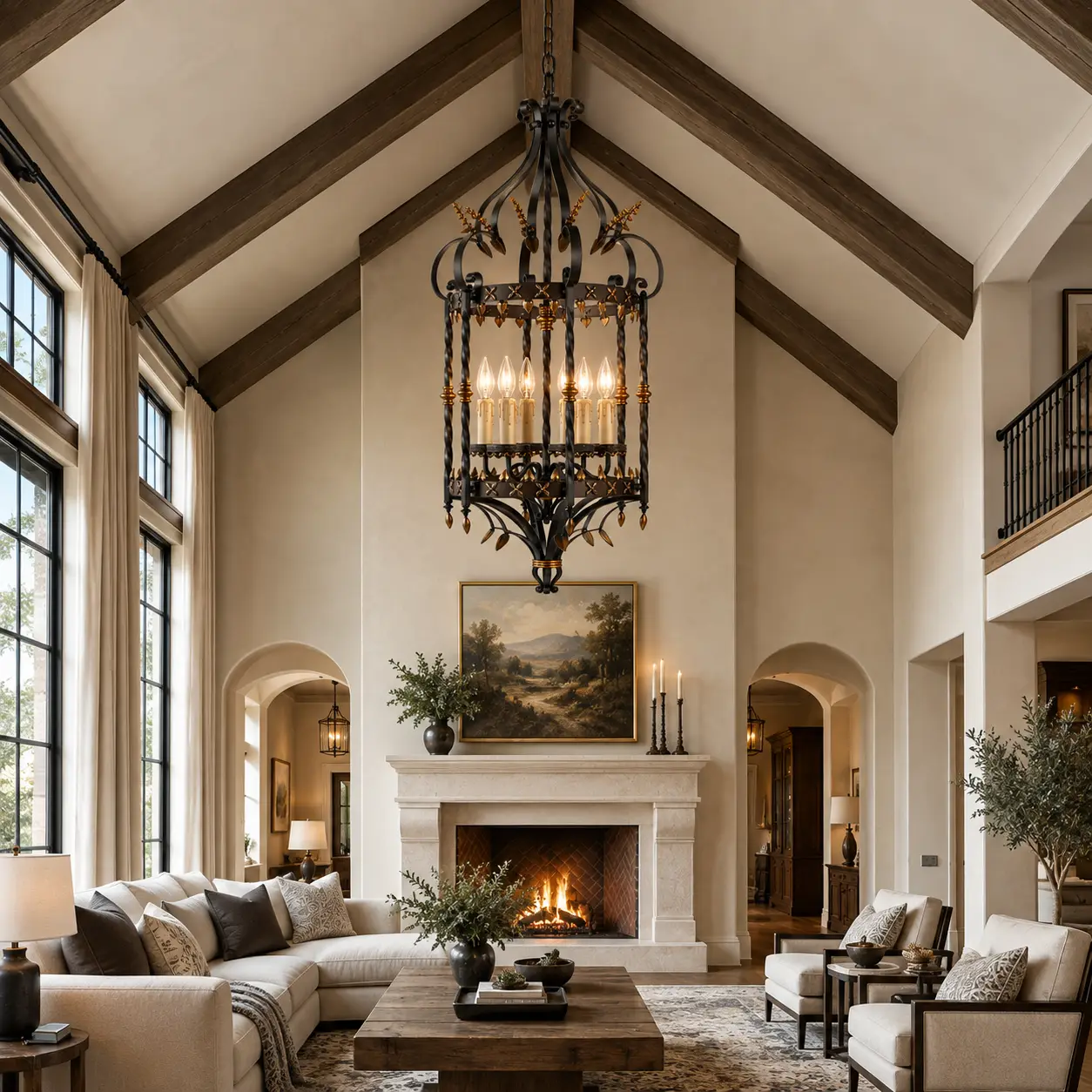 Castile 6-Light Hand-Forged Iron Chandelier in Vaulted Great Room