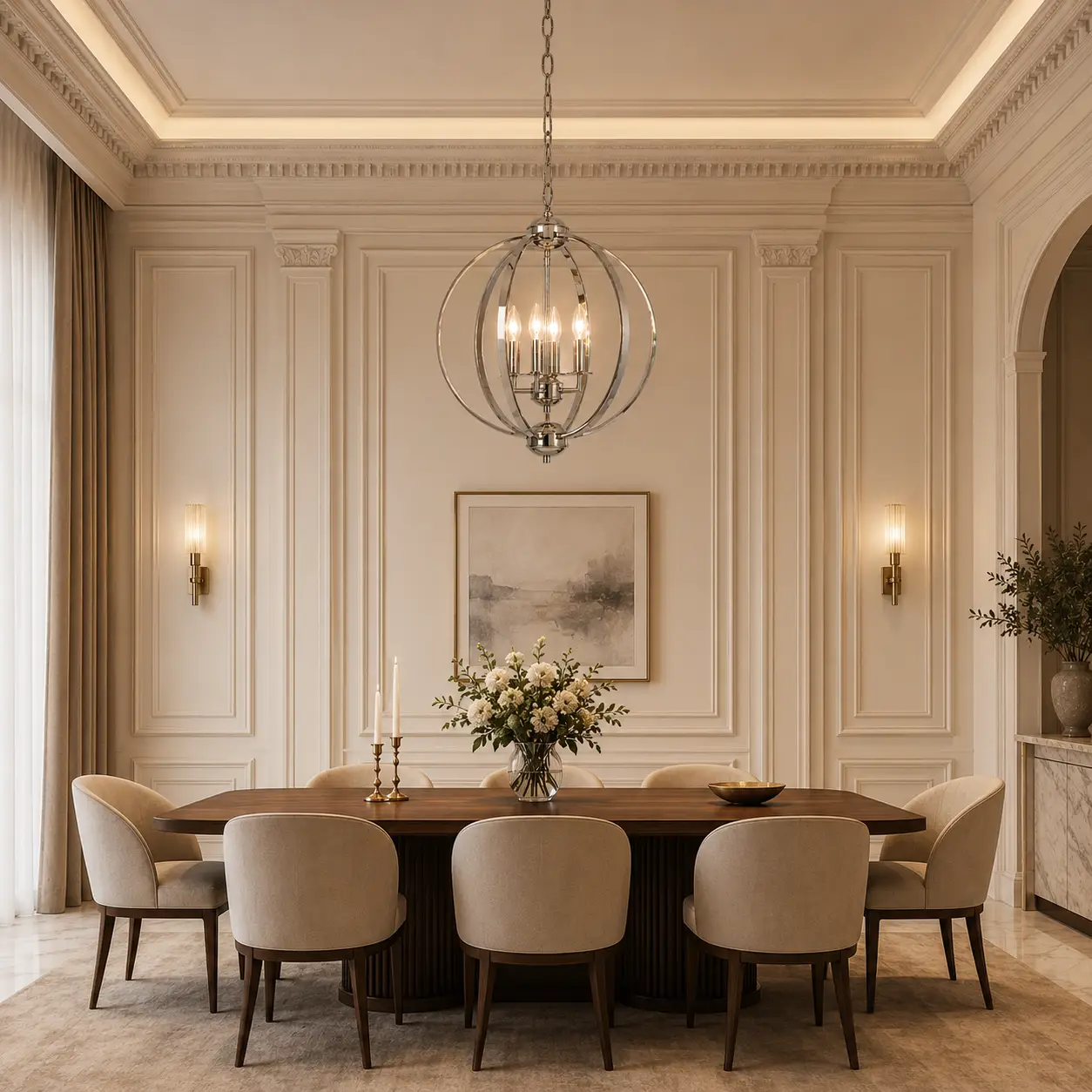 Celestial Sphere Modern Orbit 4-Light Chandelier in a contemporary neoclassical dining room with wall moulding, marble, warm wood and elegant furniture