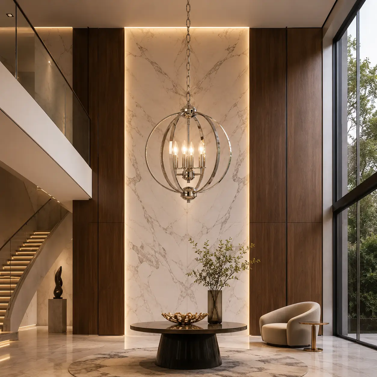 Celestial Sphere Modern Orbit 4-Light Chandelier suspended in a modern luxury double-height foyer with Calacatta marble, walnut, glass and refined metallic finishes