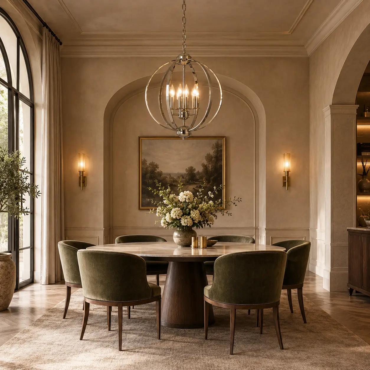 Celestial Sphere Modern Orbit 4-Light Chandelier in a French transitional boutique hotel or luxury residential interior with limestone, velvet, aged wood and refined metal details