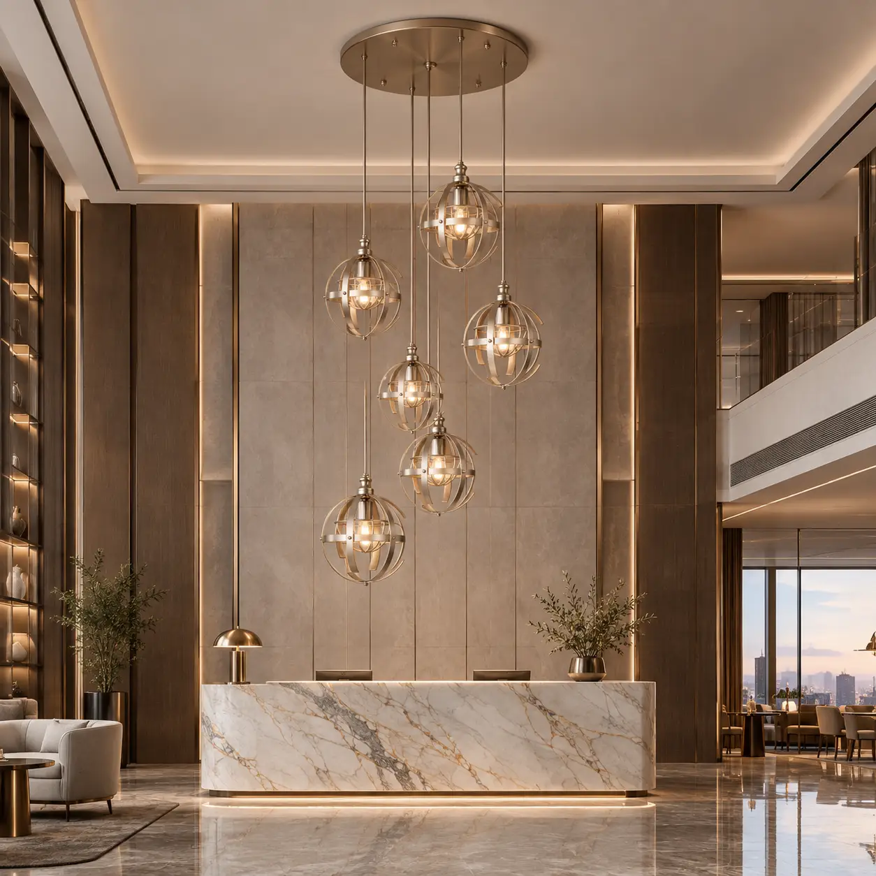 Cascading Cluster of Celestial Sphere Orbital Pendants Suspended in Boutique Hotel Reception Lounge