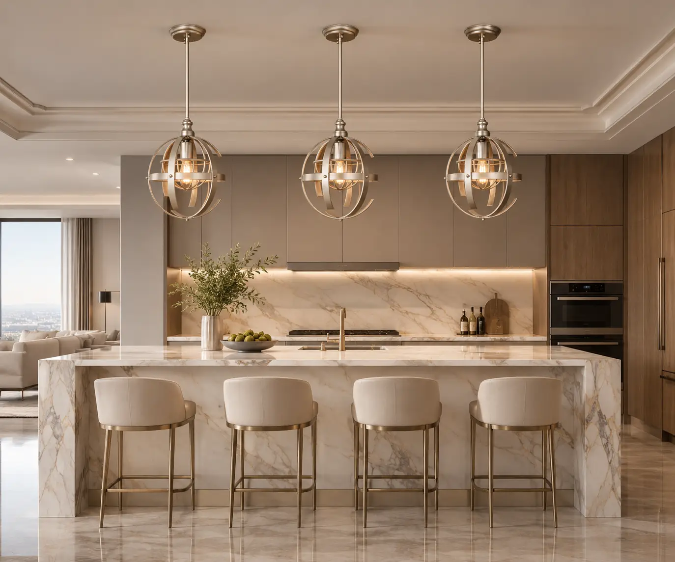 Trio of Celestial Sphere Modern Orbital Pendants Suspended Over Calacatta Marble Kitchen Island