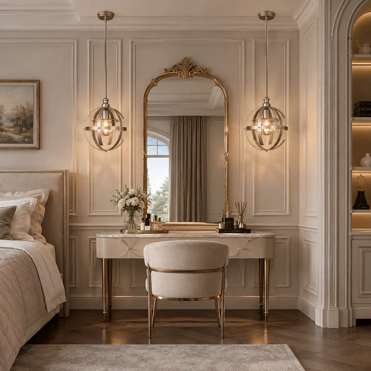 Pair of Celestial Sphere Orbital Mini Pendants Flanking Vanity Mirror in French Transitional Suite