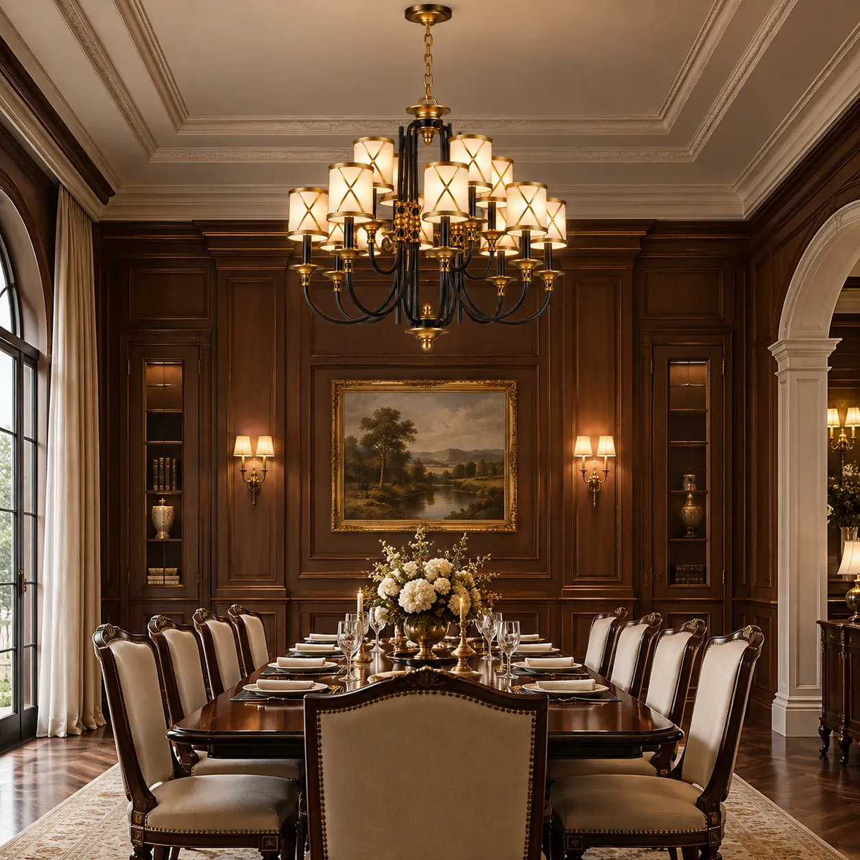 Chateau-Grandeur-12-Light-Two-Tier-Chandelier-with-Linen-Shades-Neoclassical-Executive-Dining-Halls Chateau-Grandeur-12-Light-Two-Tier-Chandelier-with-Linen-Shades-Neoclassical-Executive-Dining-Halls