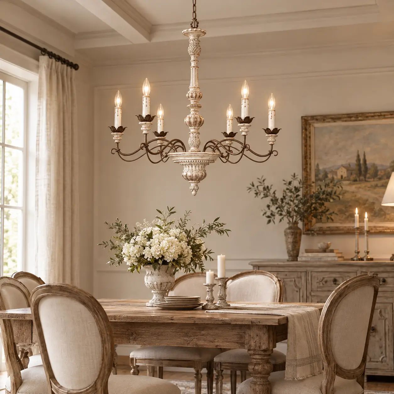 The Chateau Serene 6-Light Distressed White Rustic Bronze Chandelier Blueprint