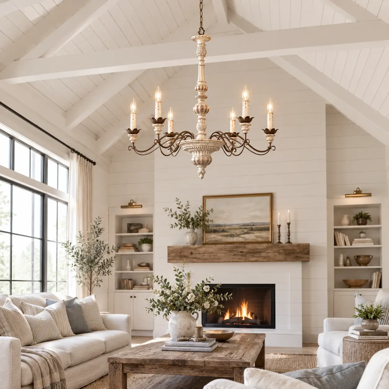 Farmhouse living room with shiplap white beams