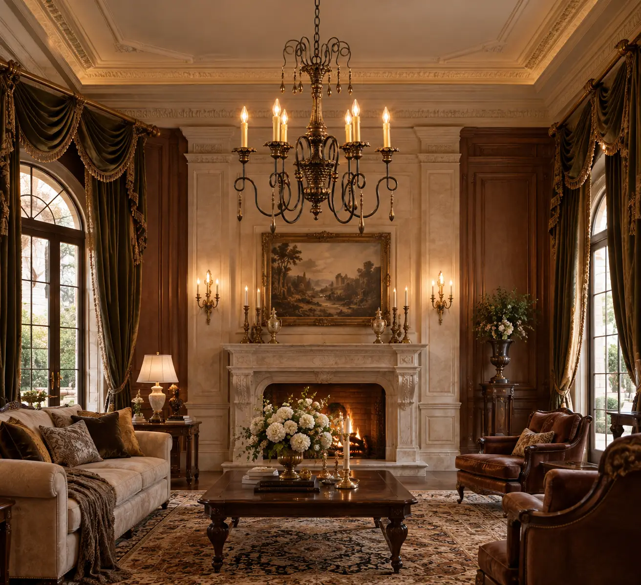 Chateau d'Or Antique Bronze Chandelier in Traditional Manor Living Room