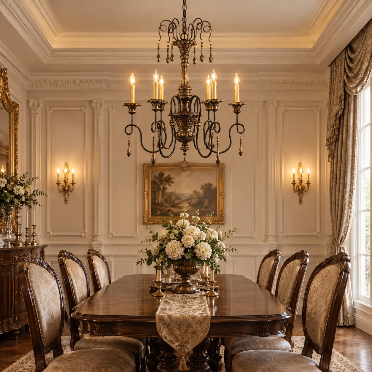 Chateau d'Or Antique Bronze Chandelier in French Neoclassical Dining Room