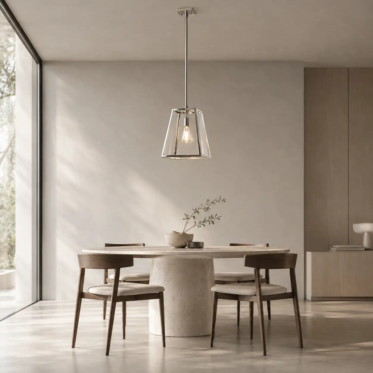 The Clarity Polished Stainless Steel 1-Light Geometric Pendant in a contemporary minimalist interior