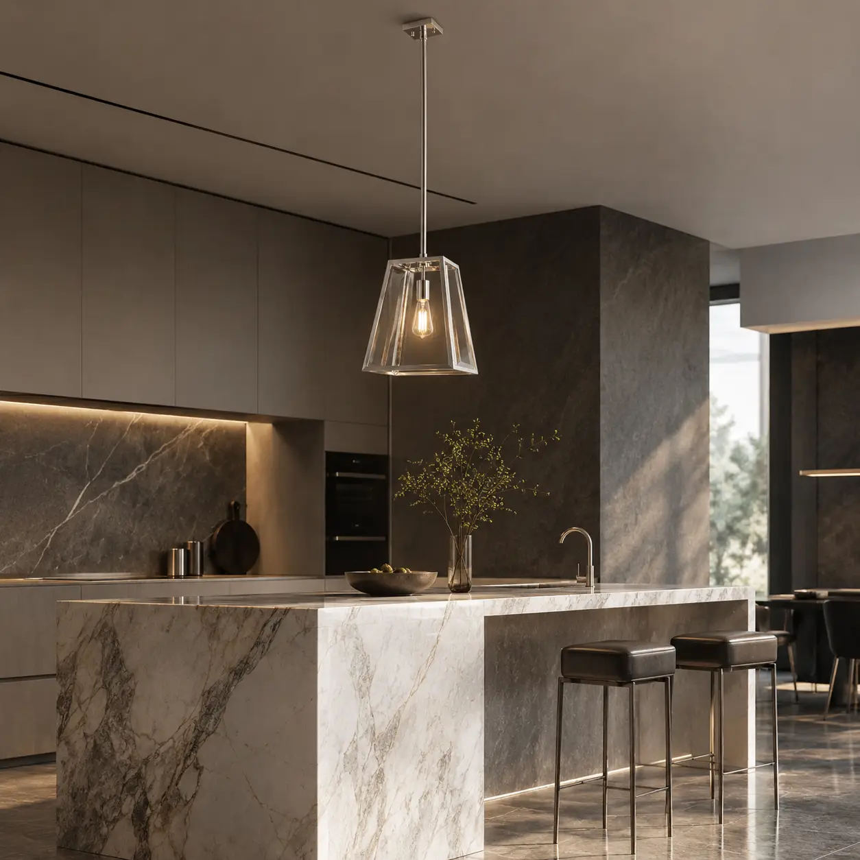 The Clarity Polished Stainless Steel 1-Light Geometric Pendant in a modern luxury interior