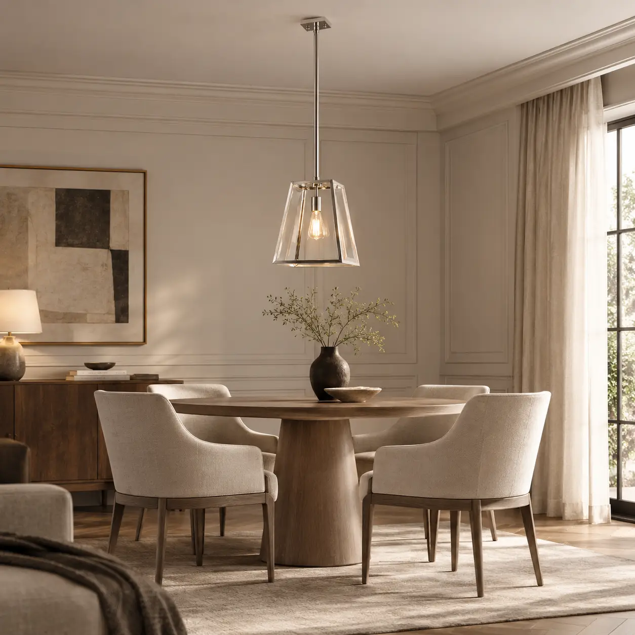 The Clarity Polished Stainless Steel 1-Light Geometric Pendant in a transitional interior
