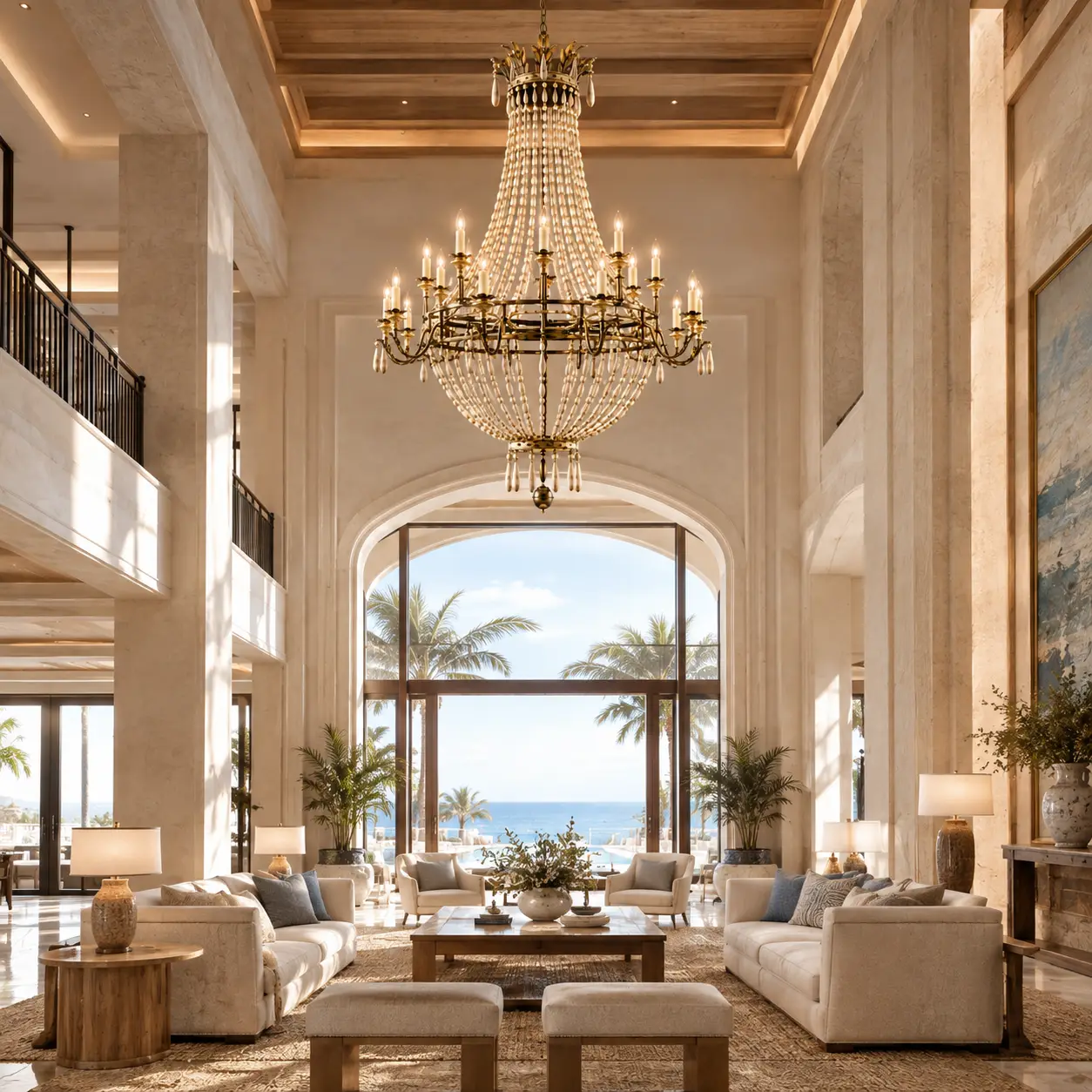 Coastal Grandeur Bespoke Chandelier in a Luxury Resort Lobby