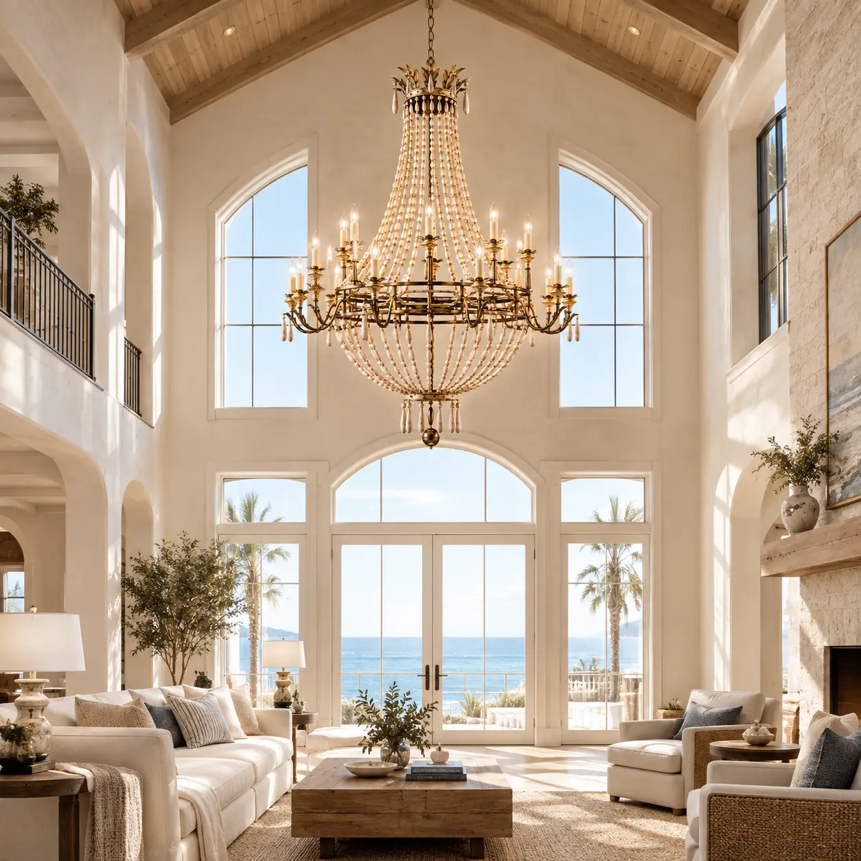 Coastal Grandeur 20-Light Chandelier in a Vaulted Coastal Estate Living Room