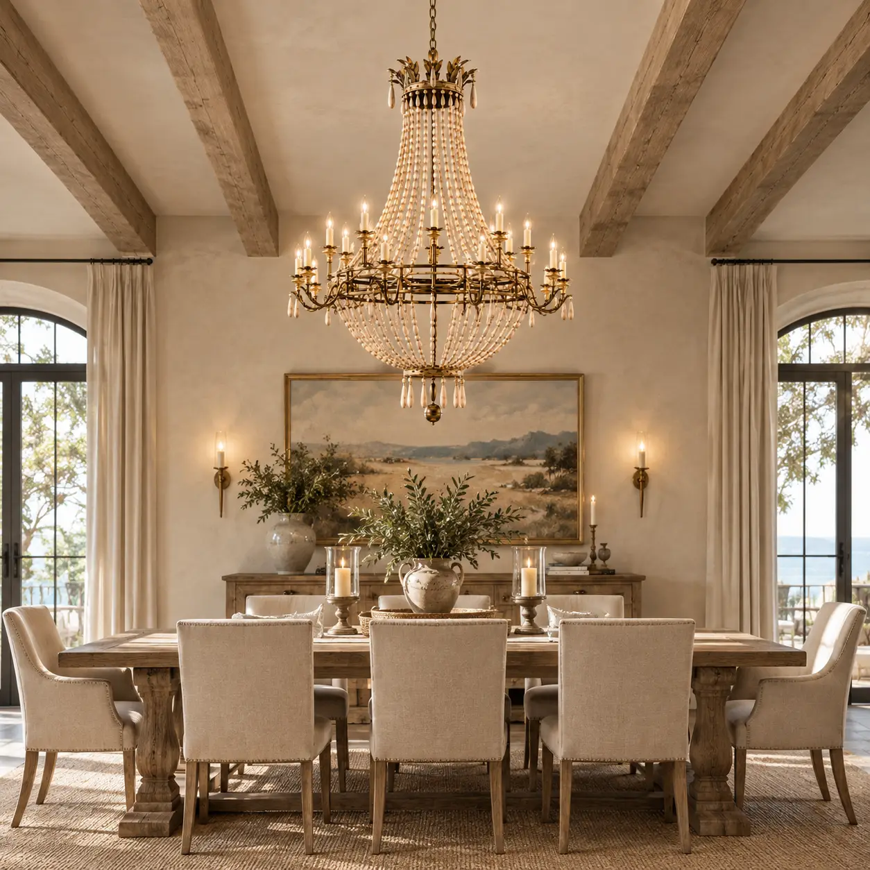 Coastal Grandeur 2-Tier Chandelier over a Rustic Wooden Dining Table