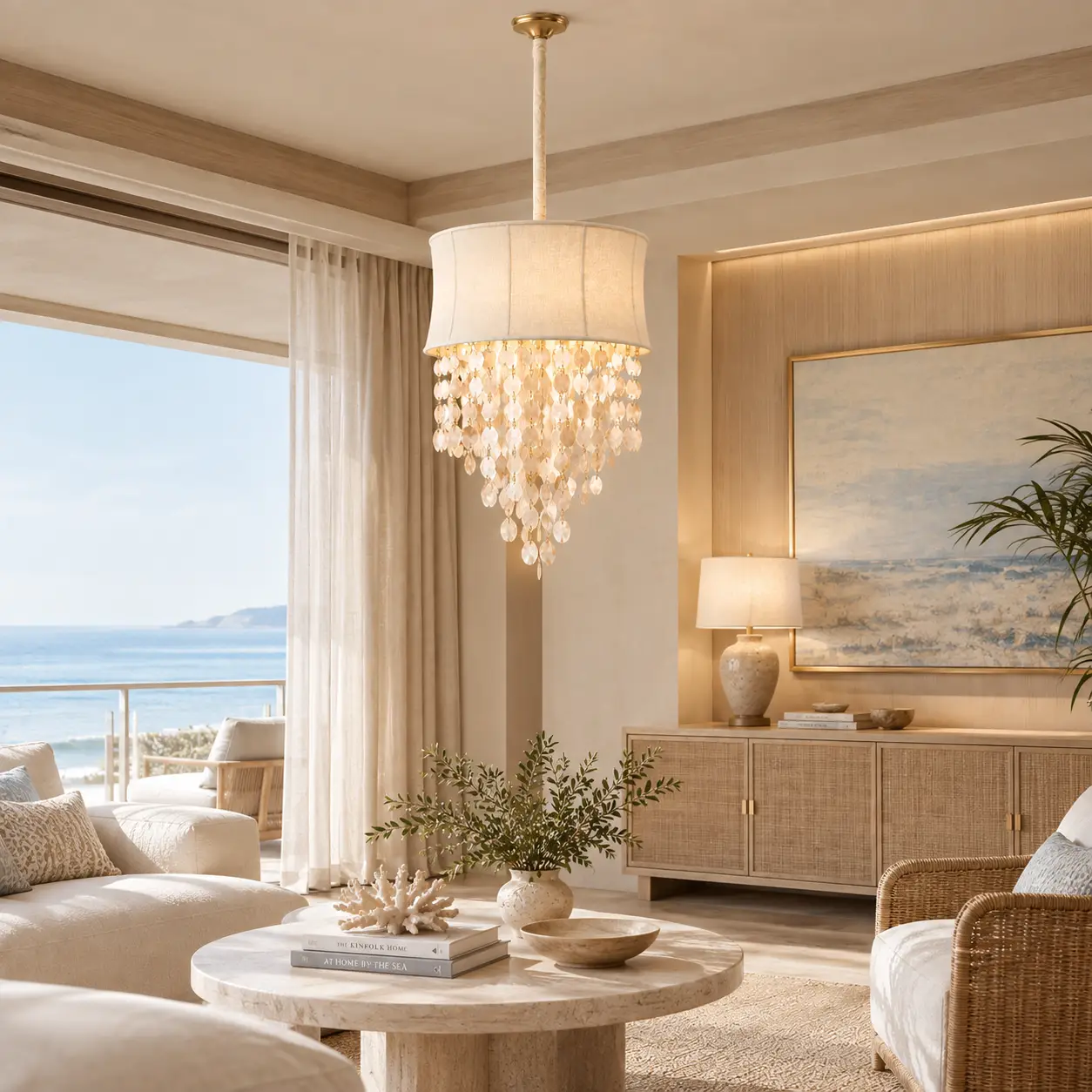Coastal Whisper Capiz Shell Pendant in a Luxury Resort Suite