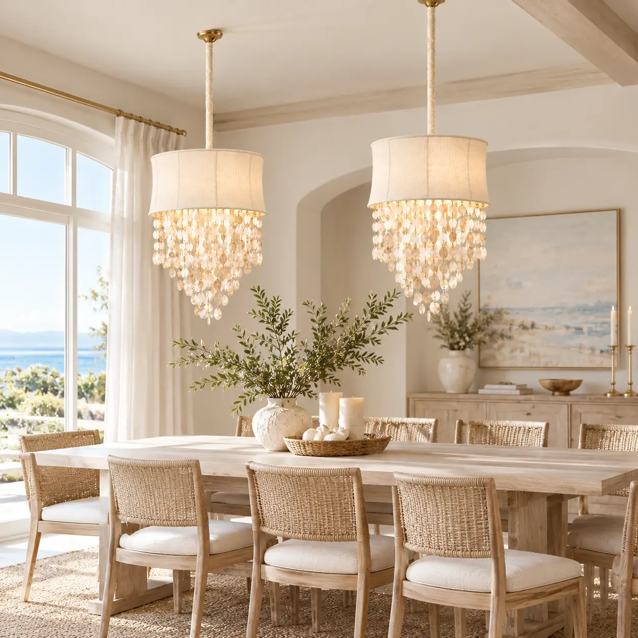Coastal Whisper Capiz Shell Pendant in a Coastal Chic Dining Room