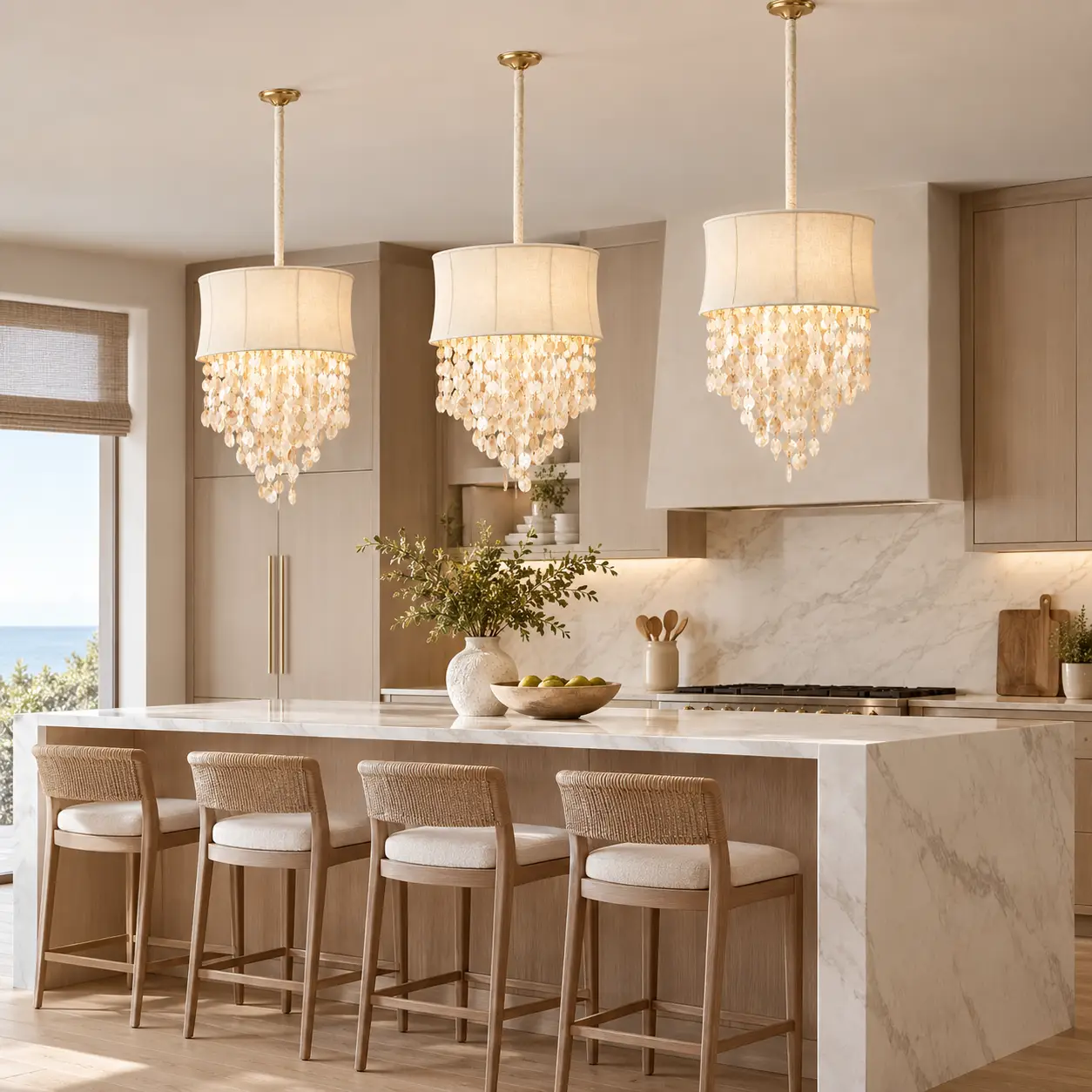 Coastal Whisper Capiz Shell Pendant over Kitchen Island