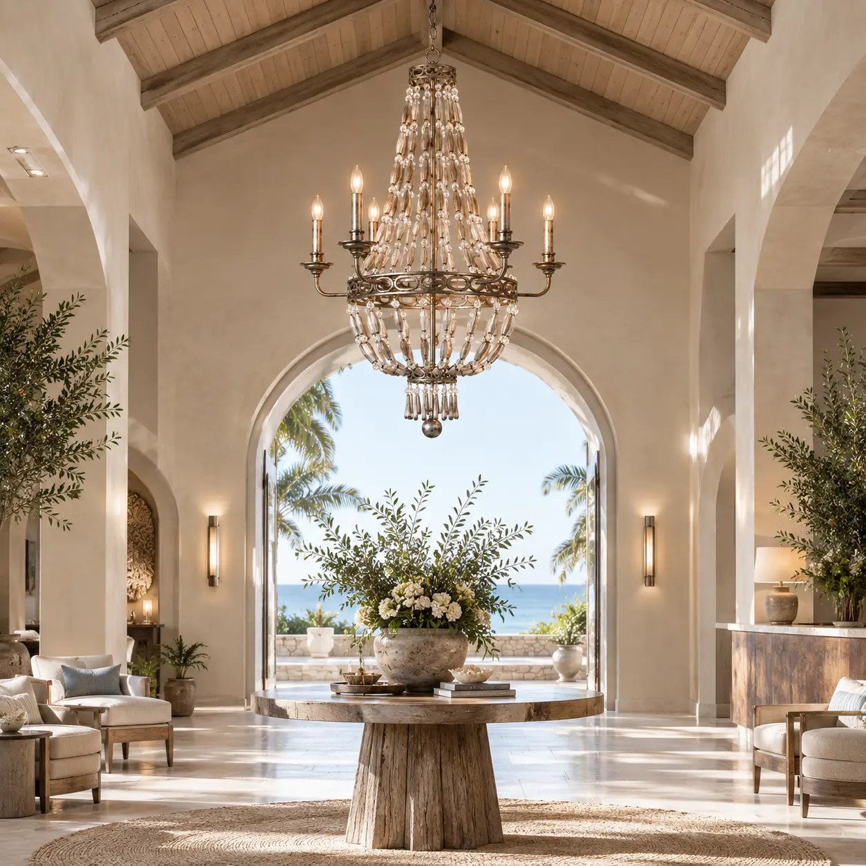 Coastal Whisper Beaded 6-Light Chandelier in Boutique Hotel Foyer Render
