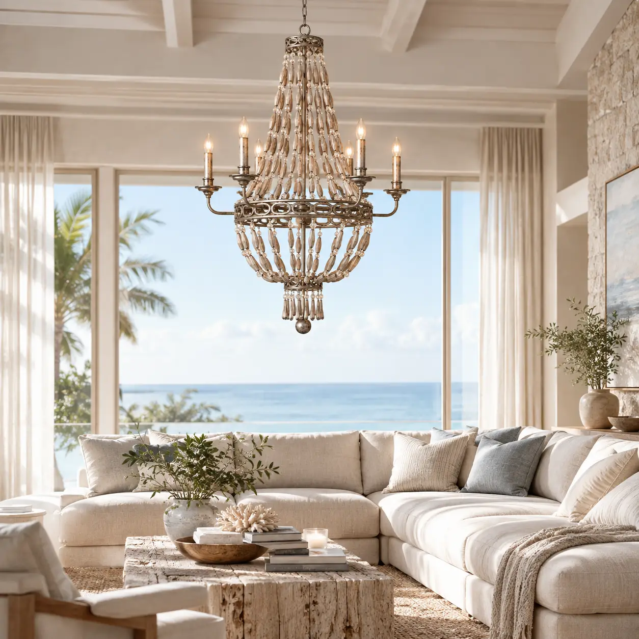Coastal Whisper Beaded 6-Light Chandelier in Coastal Luxury Living Room Render