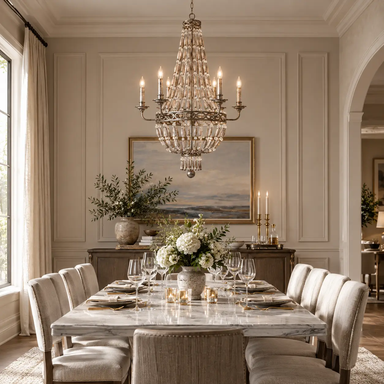 Coastal Whisper Beaded 6-Light Chandelier in Transitional Dining Room Render