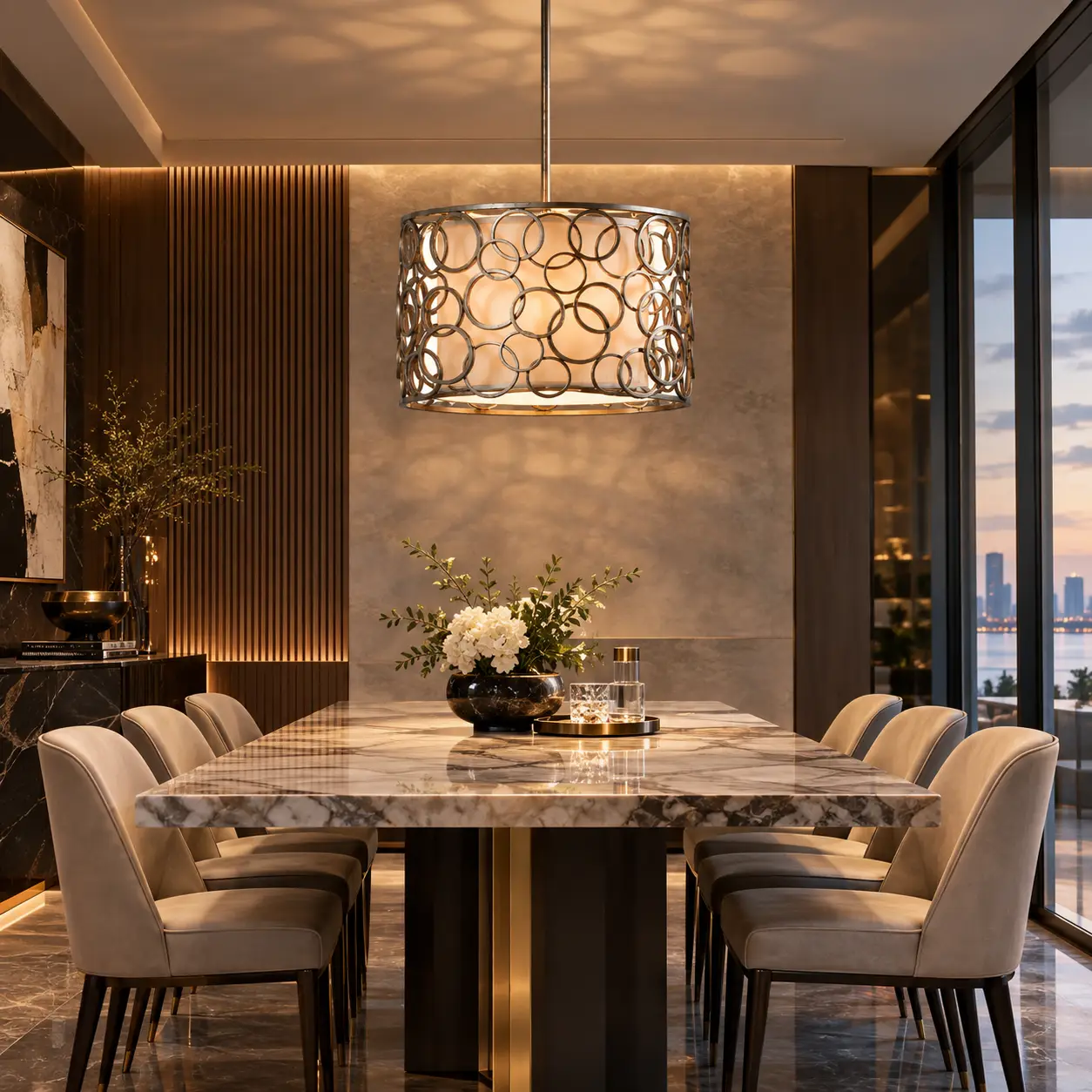 Cosmic Rings 5-Light Drum Pendant in Modern Luxury Dining Room