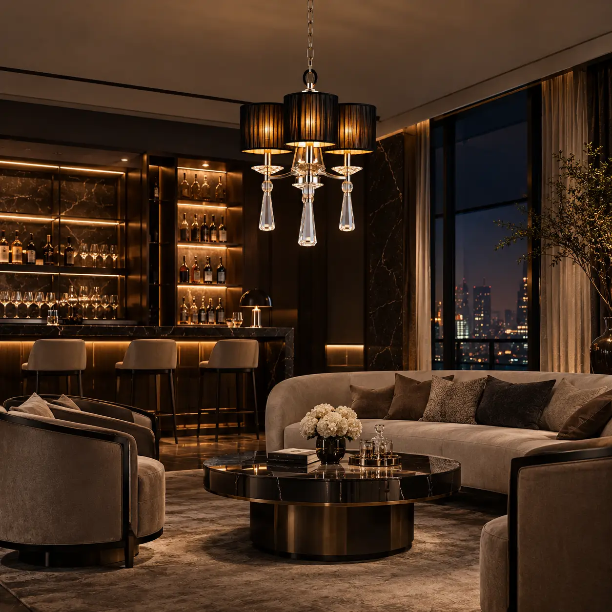 Black Shade Mini Chandelier in Hotel Lounge Render